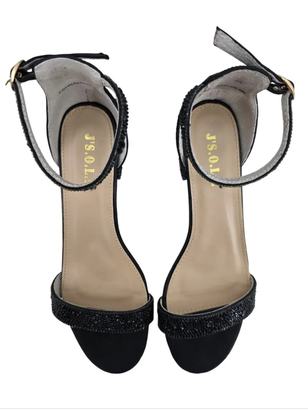 J' s.o.l.e. Black Sparkly Rhinestones Open Toe Block Heel Women's Size 8 Dance
